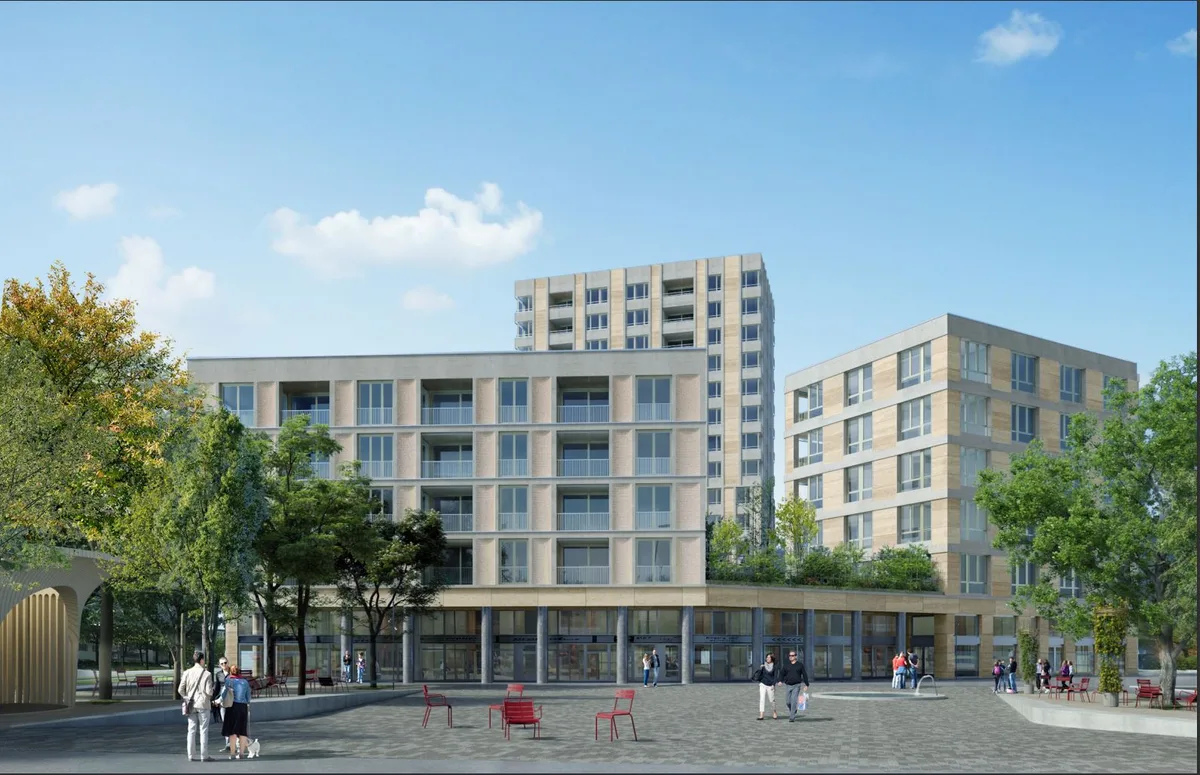 Visualisierung der Überbauung Gerichtsplatz-Areal Uster, Stand Juli 2023, mit neuer Natursteinfassade.
